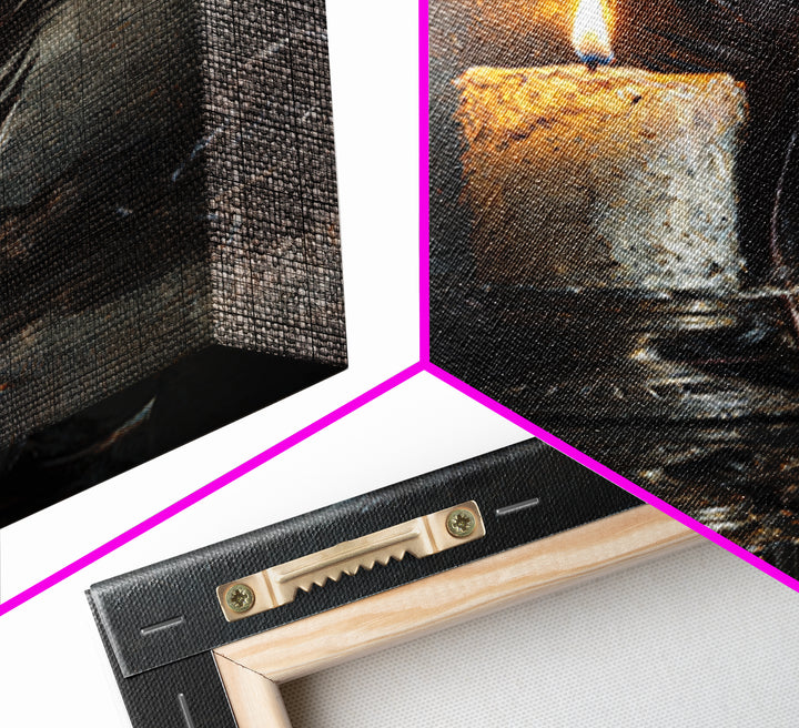 Candle Flame Reflecting Framed Canvas Print, Dark Art, Living Room Decor, Abstract Art, Nocturne, Dark Academia, DAR-2x3-56
