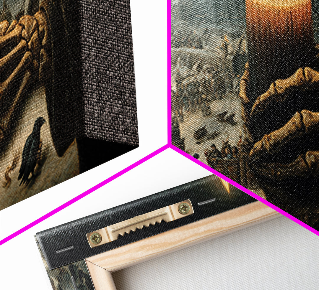 The Skeletal Hand Candleholder, Northern Renaissance Horror, Wide Panoramic Art, Dark Fantasy Wall Art, Framed Canvas Print
