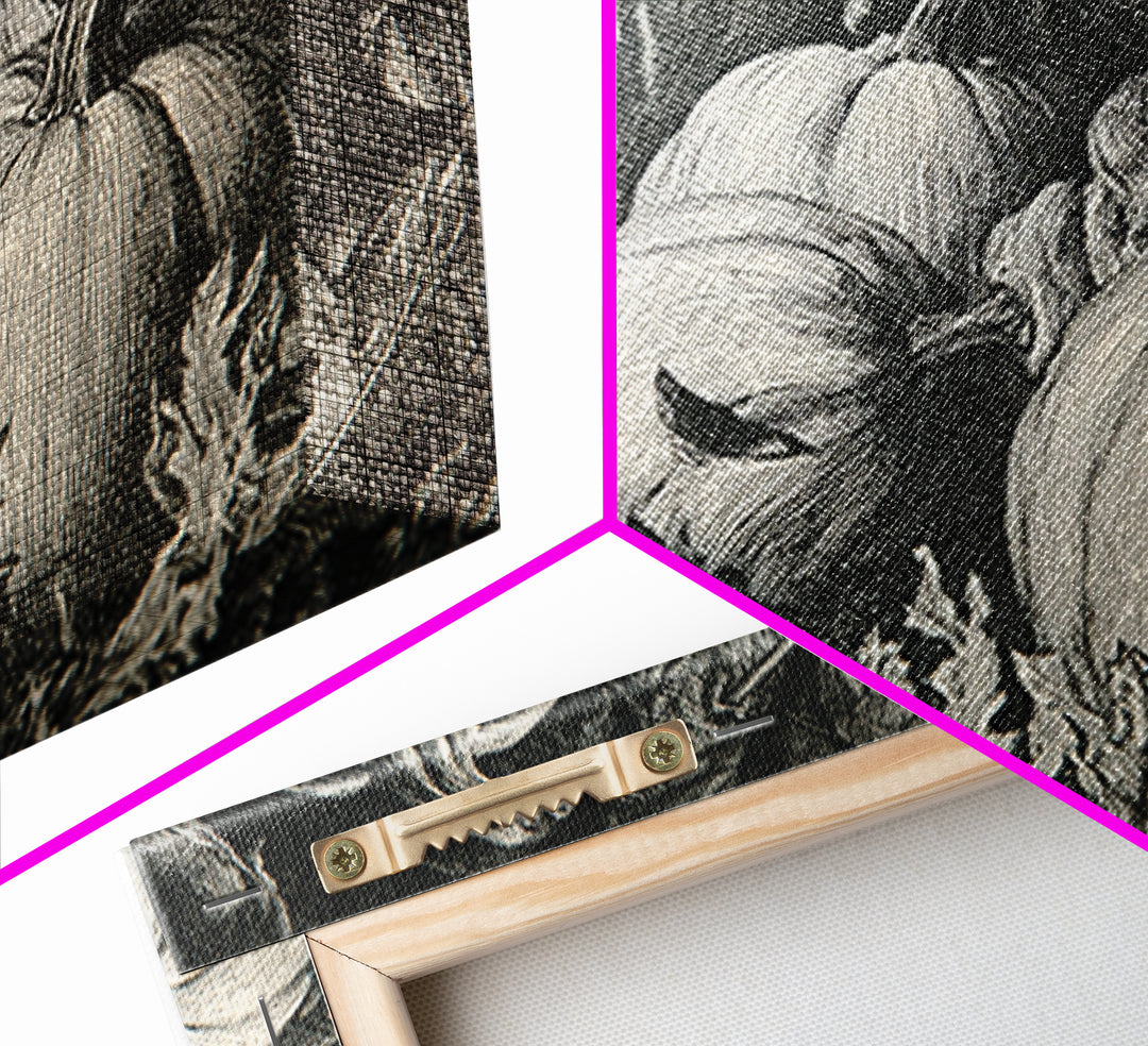 Vintage Orange-And-Black Halloween, Renaissance Engraving Art, Landscape Wall Art, Dark Fantasy Wall Art, Framed Canvas Print