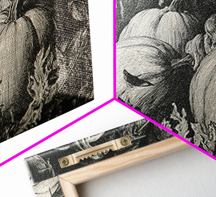 Vintage Orange-And-Black Halloween, Renaissance Engraving Art, Landscape Wall Art, Dark Fantasy Wall Art, Framed Canvas Print