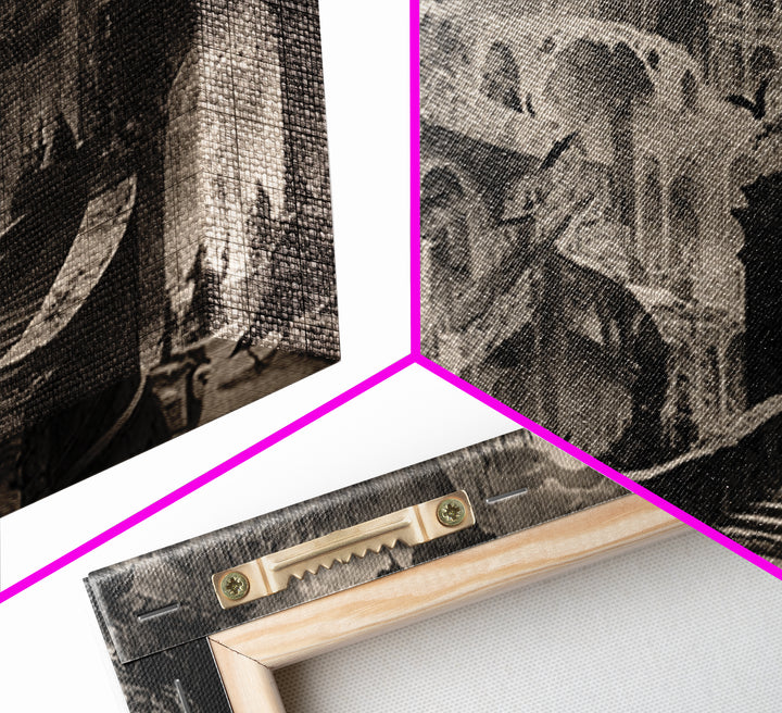 Monochrome Gothic Halloween, Architectural Etching Art, Landscape Wall Art, Dark Fantasy Wall Art, Canvas Print