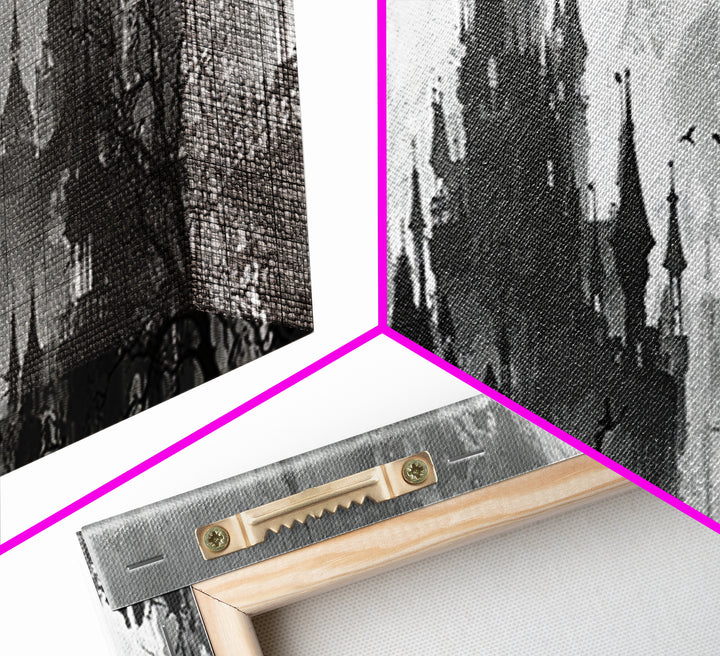 Monochrome Gothic Halloween, Decadent Line Art, Extra Wide Wall Art, Dark Halloween Decor, Canvas Print, Halloween Wall Art