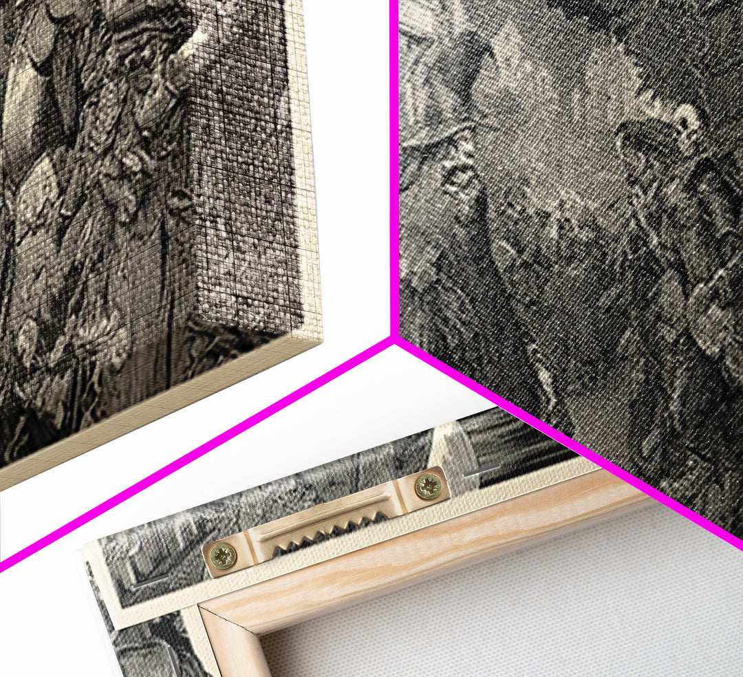 Medieval Danse Macabre, Renaissance Engraving Art, Wide Panoramic Art, Dark Fantasy Wall Art, Framed Canvas Print, Halloween Wall Art