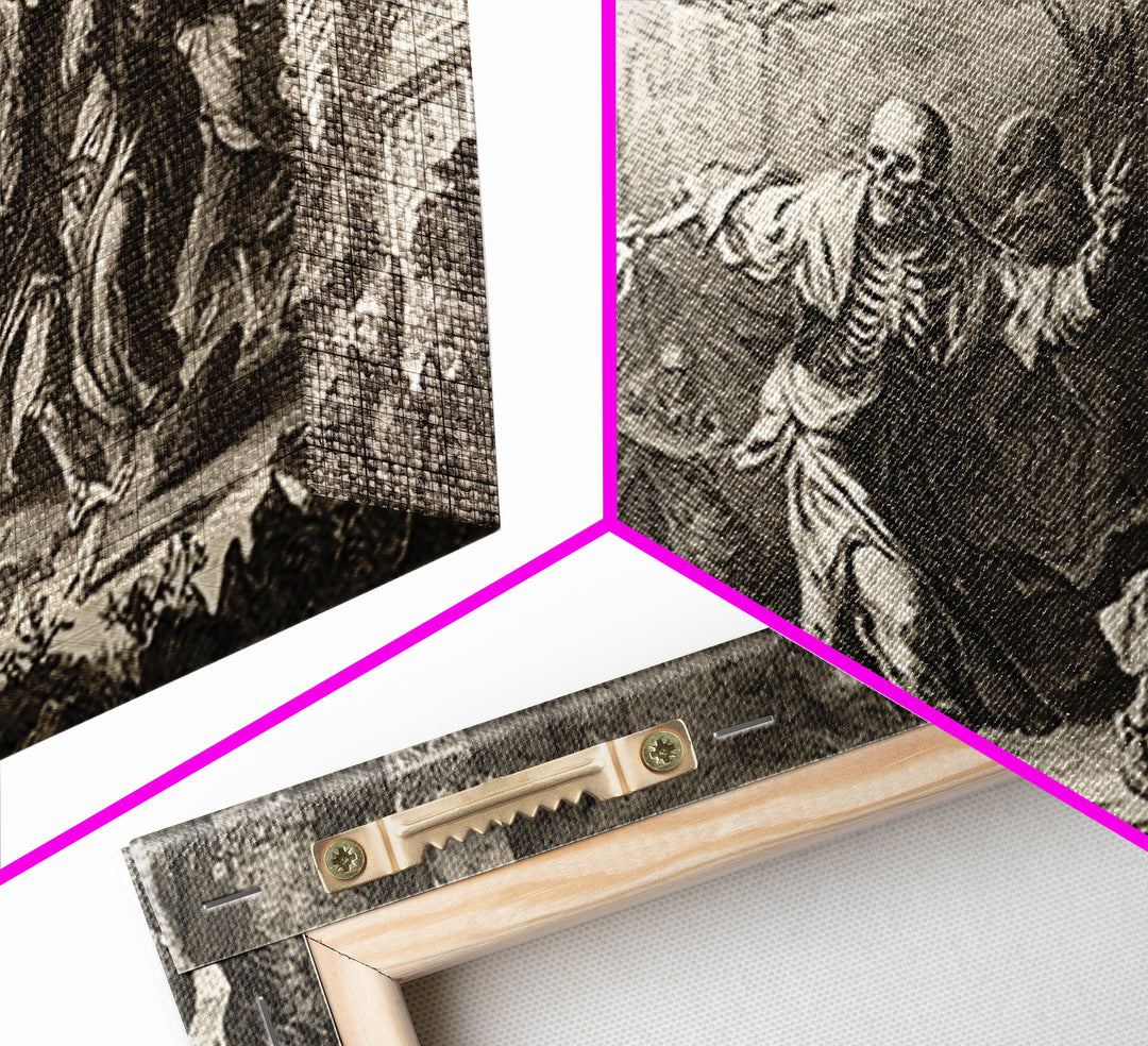 Medieval Danse Macabre, Architectural Etching Art, Wide Panoramic Art, Dark Halloween Decor, Framed Canvas Print