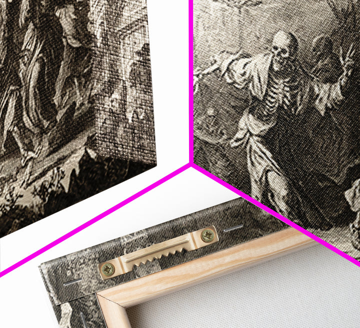 Medieval Danse Macabre, Architectural Etching Art, Wide Panoramic Art, Dark Halloween Decor, Framed Canvas Print