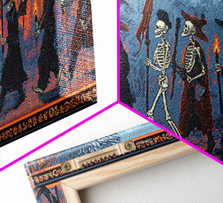 Medieval Danse Macabre, Macabre Folk Print Art, Wide Panoramic Art, Dark Fantasy Wall Art, Canvas Print, Halloween Wall Art