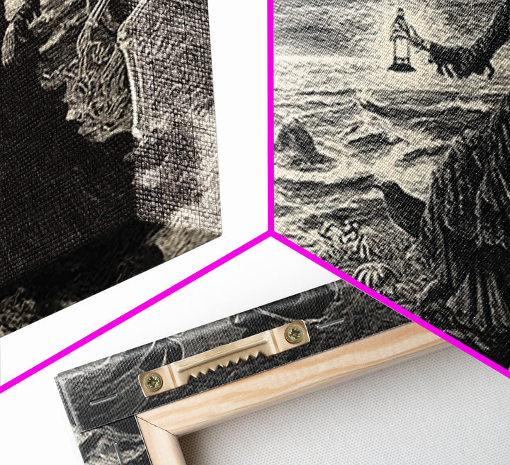 Haunted Seaside Halloween, Macabre Folk Print Art, Landscape Wall Art, Dark Halloween Decor, Framed Canvas Print