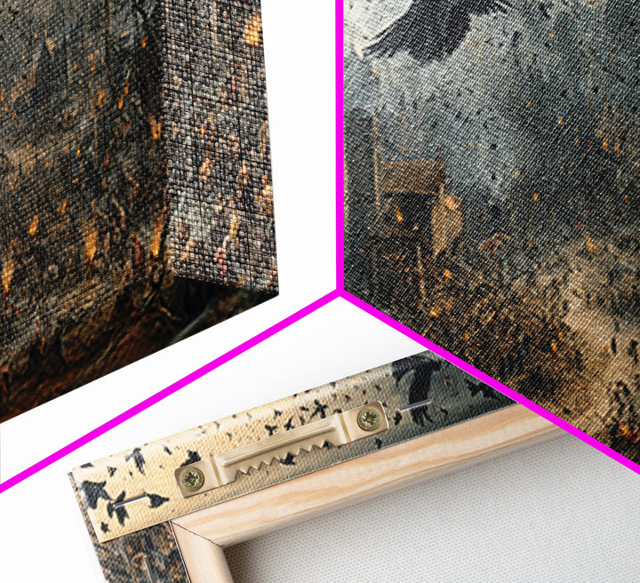 Ravens And Ruins, Northern Renaissance Horror, Wide Panoramic Art, Dark Halloween Decor, Framed Canvas Print, Halloween Wall Art