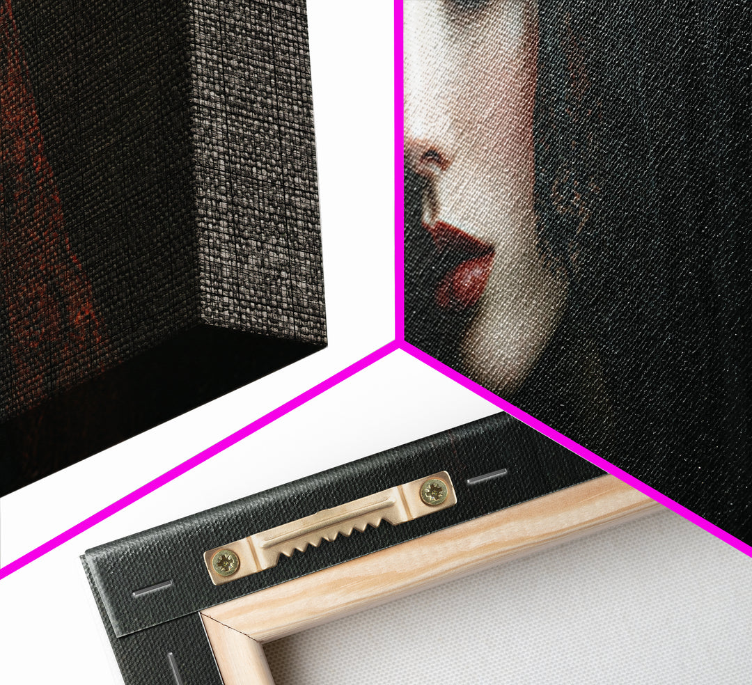 Vampire Inspired Portrait with Pale Dramatic Light Framed Canvas Print, Dark Art, Goth Decor, Living Room Decor, Nocturne, DAR-3x1-5