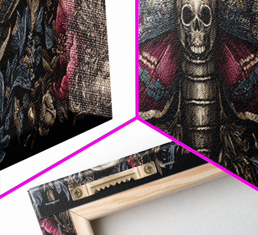 Moth with Skull Pattern on Black Ground Framed Canvas Print, Dark Art, Statement Artwork, Living Room Decor, Fine Art, Nocturne, DAR-3x1-7