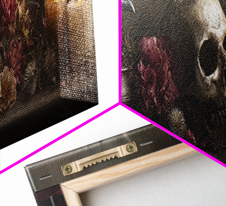 Baroque Skull and Red Velvet Vanitas Framed Canvas Print, Dark Art, Gothic Art, Living Room Decor, Oil Painting, Nocturne, DAR-3x1-74