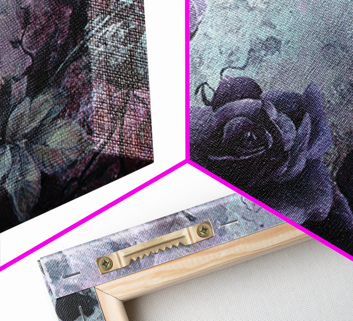 Black Roses Blooming from Cracked Stone Canvas Print, Dark Art, Horror Decor, Living Room Decor, Nocturne, Statement Artwork, DAR-3x2-30