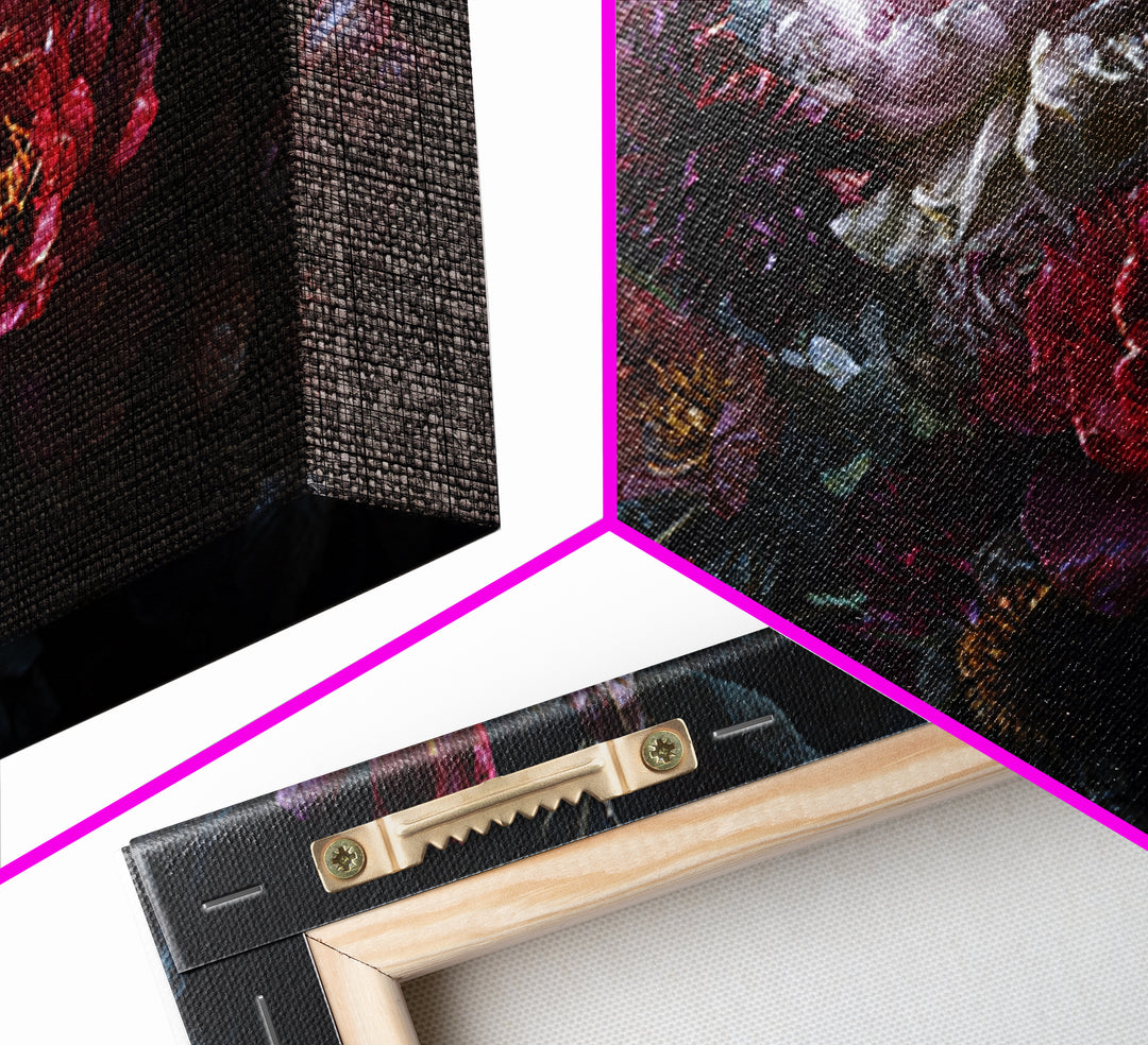 Dark Floral Bouquet Framed Canvas Print, Dark Art, Gallery Decor, Living Room Decor, Fine Art, Nocturne, Wall Art, Home Decor, DAR-3x2-45