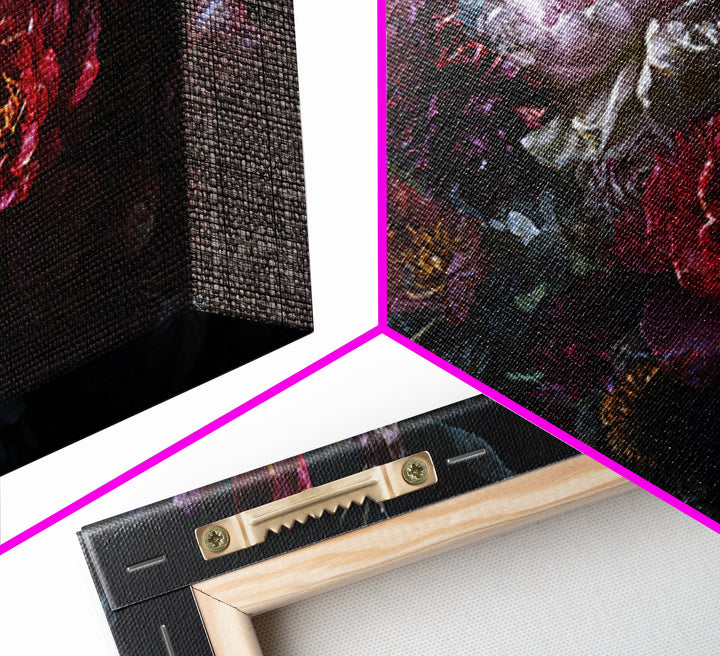 Dark Floral Bouquet Framed Canvas Print, Dark Art, Gallery Decor, Living Room Decor, Fine Art, Nocturne, Wall Art, Home Decor, DAR-3x2-45