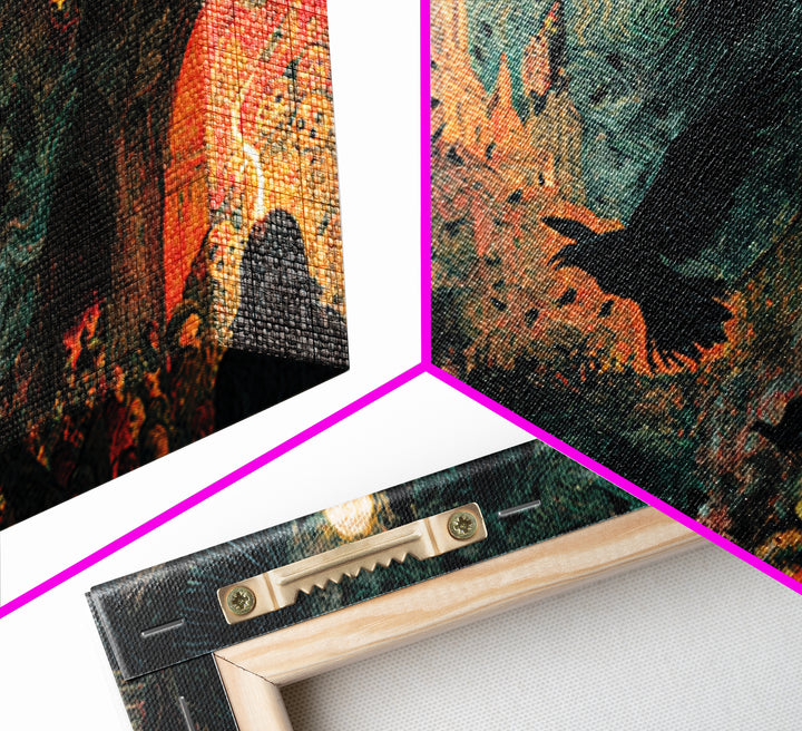 Ravens And Ruins, Grotesque Carnival Art, Wide Panoramic Art, Gothic Horror Wall Art, Framed Canvas Print, Halloween Wall Art
