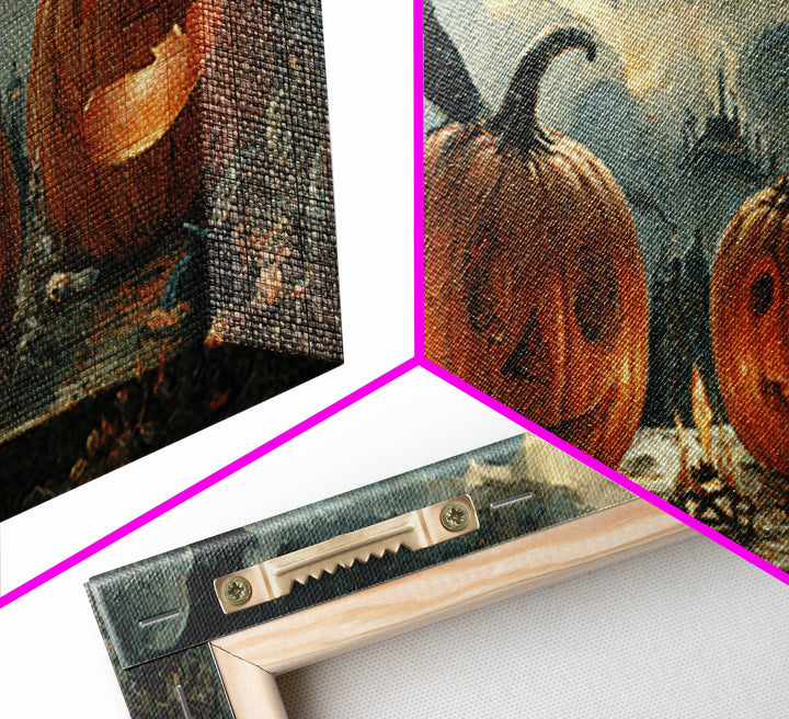 Pumpkins And Moon Phases, Northern Renaissance Horror, Wide Panoramic Art, Dark Halloween Decor, Framed Canvas Print