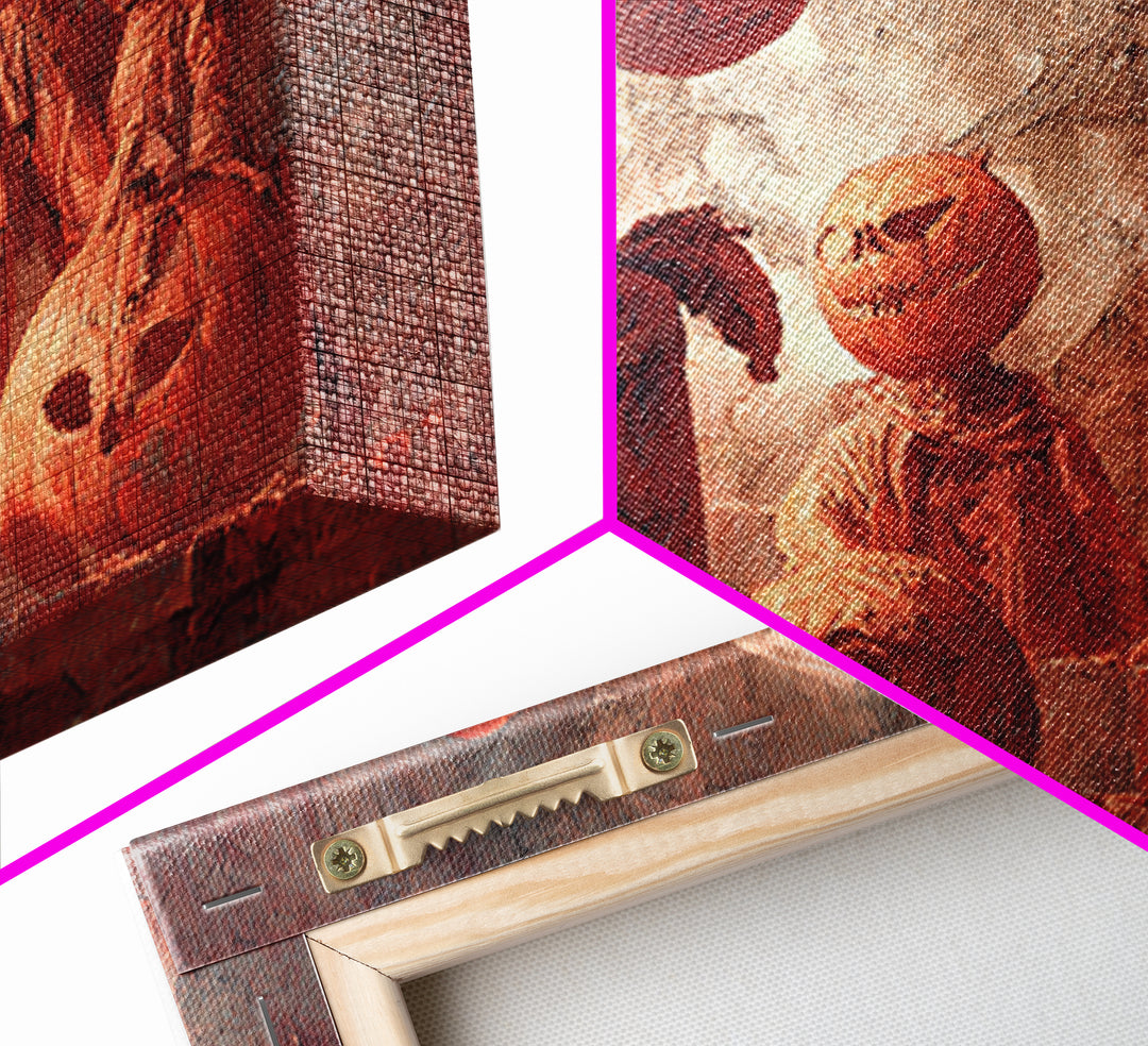 Pumpkins And Moon Phases, Architectural Etching Art, Landscape Wall Art, Gothic Horror Wall Art, Framed Canvas Print
