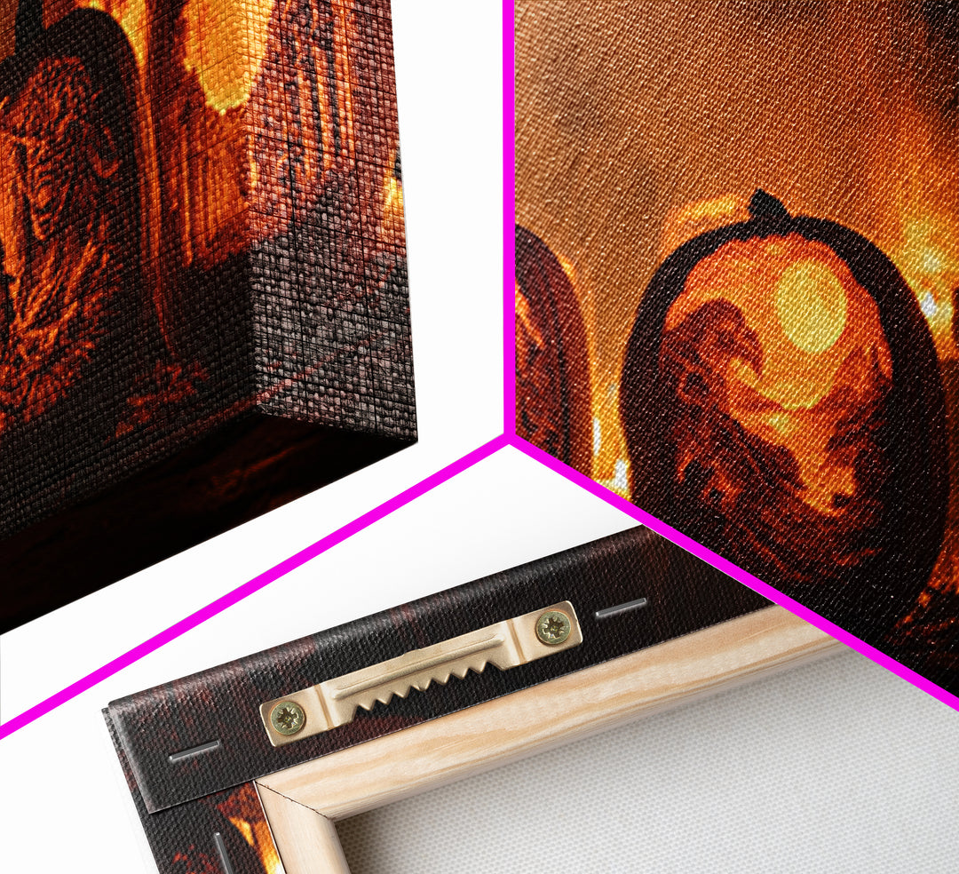 Pumpkins And Moon Phases, Apocalyptic Romantic Art, Wide Panoramic Art, Gothic Horror Wall Art, Framed Canvas Print, Halloween Wall Art