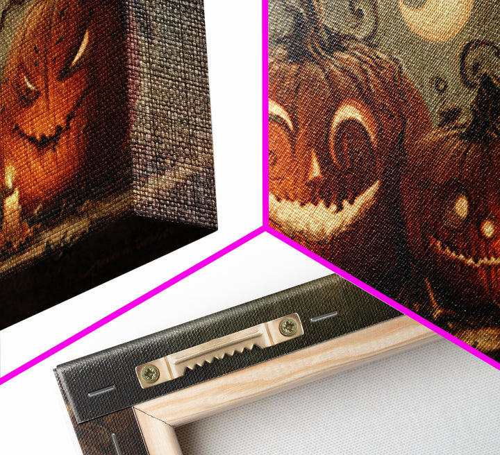 Pumpkins And Moon Phases, Expressionist Nightmare Art, Wide Panoramic Art, Dark Fantasy Wall Art, Framed Canvas Print, Halloween Wall Art