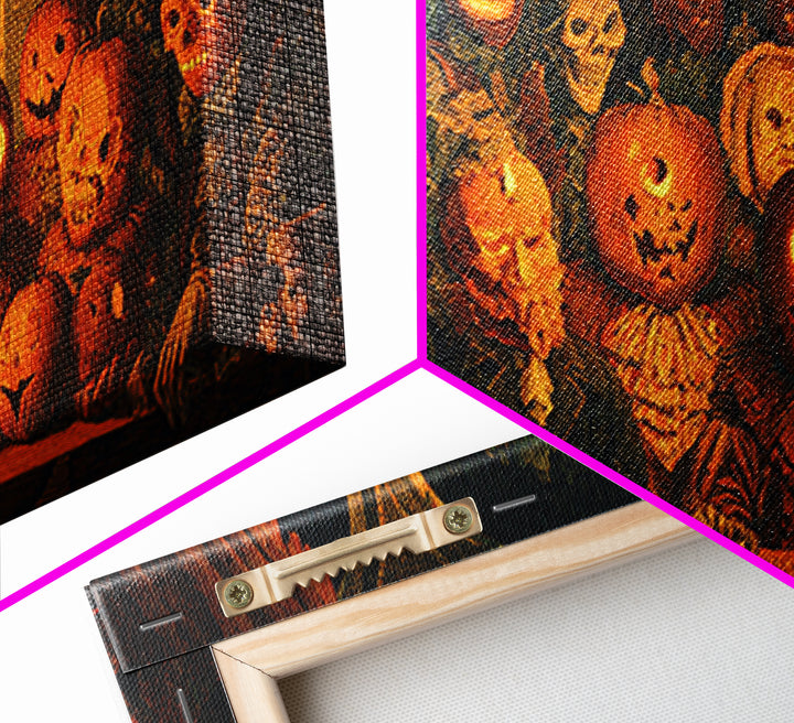 Pumpkins And Moon Phases, Grotesque Carnival Art, Wide Panoramic Art, Dark Fantasy Wall Art, Framed Canvas Print, Halloween Wall Art