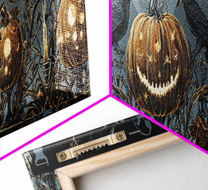 Pumpkins And Moon Phases, Stained Glass Gothic Art, Extra Wide Wall Art, Dark Fantasy Wall Art, Framed Canvas Print, Halloween Wall Art
