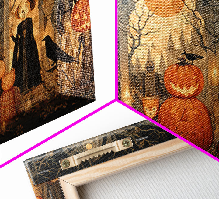 Pumpkins And Moon Phases, Victorian Macabre Art, Landscape Wall Art, Dark Halloween Decor, Framed Canvas Print, Halloween Wall Art