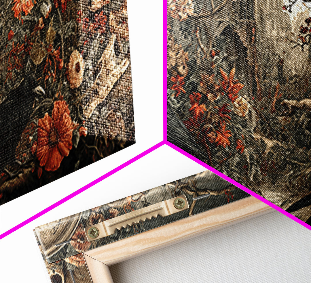 Skeletal Botanicals, Northern Renaissance Horror, Wide Panoramic Art, Dark Fantasy Wall Art, Framed Canvas Print, Macabre Wall Art
