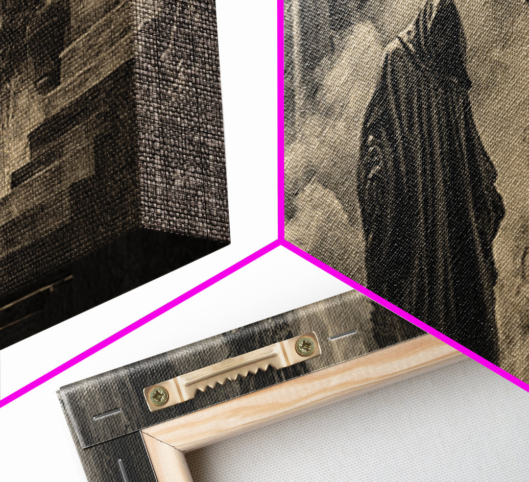 The Ash-Covered Oracle, Architectural Etching Art, Wide Panoramic Art, Dark Fantasy Wall Art, Framed Canvas Print