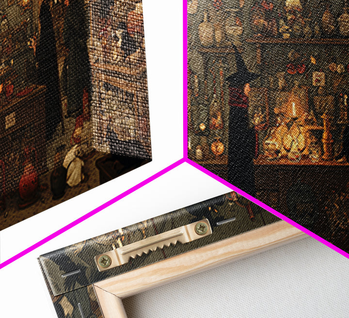 The Witch'S Cat Cafe, Northern Renaissance Horror, Wide Panoramic Art, Gothic Horror Wall Art, Framed Canvas Print