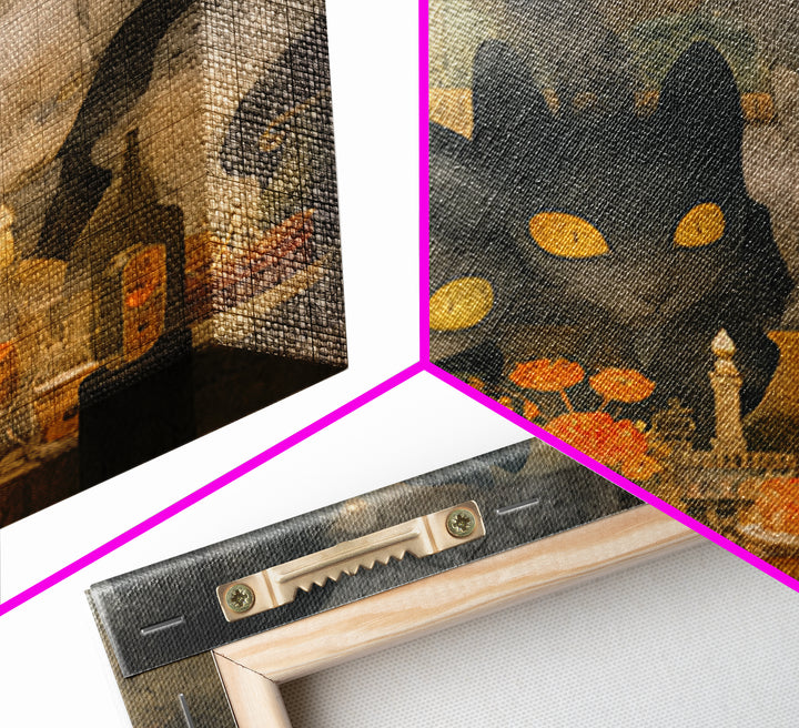 The Witch'S Cat Cafe, Symbolist Dream Art, Square Wall Art, Macabre Wall Art, Framed Canvas Print, Halloween Wall Art, Horror Wall Art