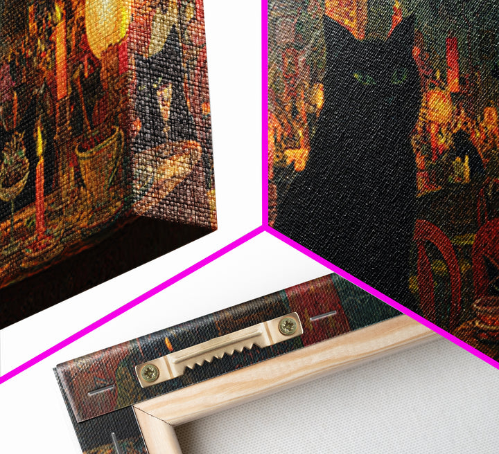 The Witch'S Cat Cafe, Grotesque Carnival Art, Wide Panoramic Art, Dark Halloween Decor, Framed Canvas Print, Halloween Wall Art