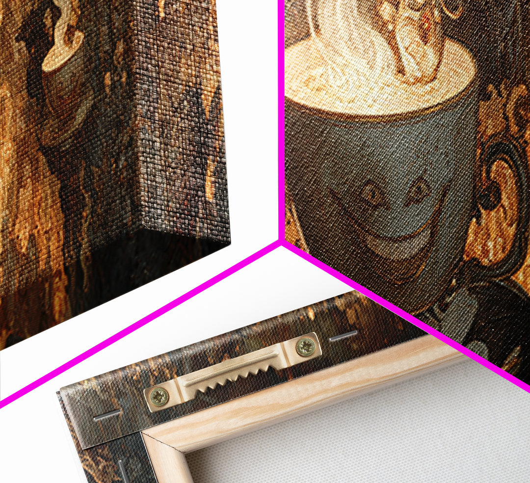 Tiny Ghosts In Teacups, Medieval Grotesque Art, Extra Wide Wall Art, Dark Halloween Decor, Framed Canvas Print, Halloween Wall Art