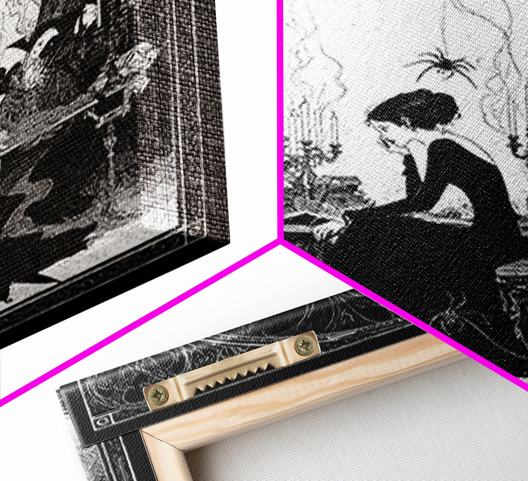 The Spider Sewing Circle, Decadent Line Art, Square Wall Art, Macabre Wall Art, Framed Canvas Print, Halloween Wall Art