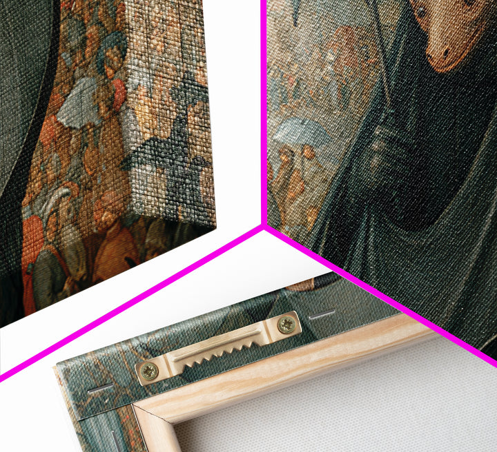 The Bat Umbrella Salesman, Northern Renaissance Horror, Wide Panoramic Art, Gothic Horror Wall Art, Framed Canvas Print