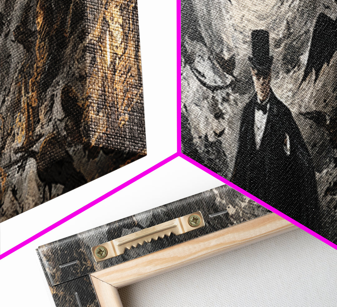 The Bat Umbrella Salesman, Dark Romantic Horror Art, Extra Wide Wall Art, Dark Halloween Decor, Canvas Print, Halloween Wall Art