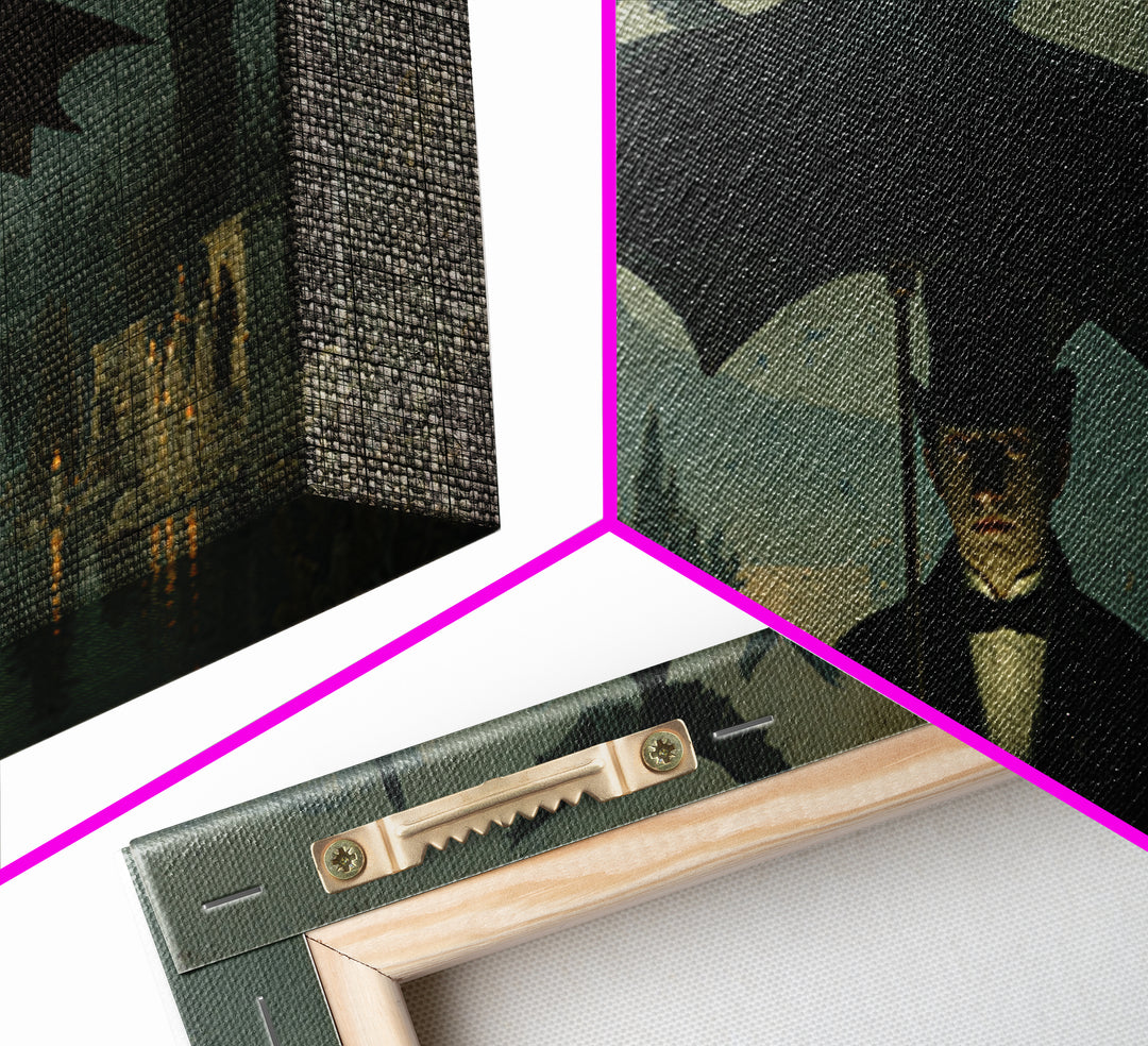 The Bat Umbrella Salesman, Symbolist Gothic Landscape, Wide Panoramic Art, Dark Halloween Decor, Canvas Print, Halloween Wall Art