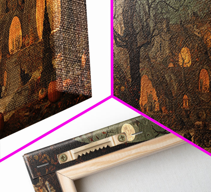 The Pumpkin-House Neighborhood, Northern Renaissance Horror, Wide Panoramic Art, Dark Fantasy Wall Art, Framed Canvas Print