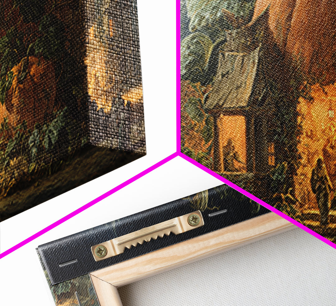 The Pumpkin-House Neighborhood, Dark Renaissance Art, Wide Panoramic Art, Dark Halloween Decor, Framed Canvas Print