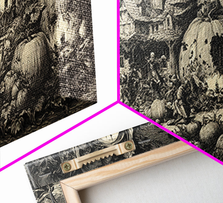 The Pumpkin-House Neighborhood, Renaissance Engraving Art, Wide Panoramic Art, Dark Halloween Decor, Canvas Print, Halloween Wall Art