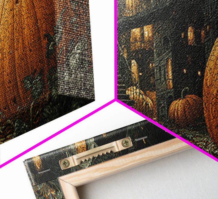The Pumpkin-House Neighborhood, Architectural Etching Art, Wide Panoramic Art, Gothic Horror Wall Art, Canvas Print