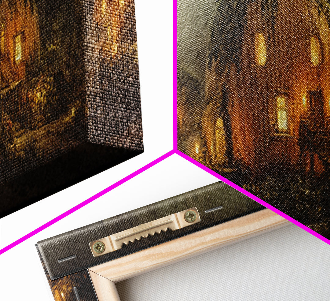 The Pumpkin-House Neighborhood, Symbolist Dream Art, Extra Wide Wall Art, Dark Fantasy Wall Art, Framed Canvas Print, Halloween Decor