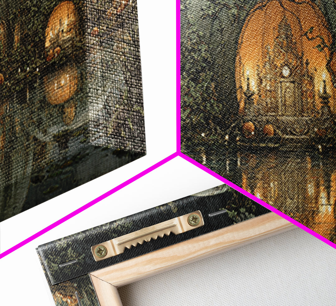 The Pumpkin-House Neighborhood, Symbolist Gothic Landscape, Wide Panoramic Art, Dark Halloween Decor, Canvas Print, Halloween Wall Art