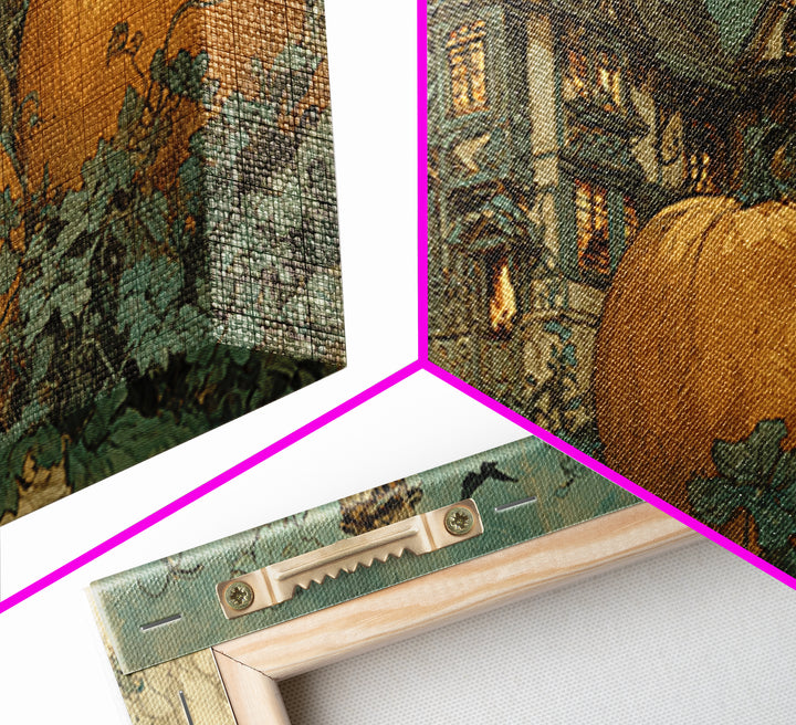 The Pumpkin-House Neighborhood, Decadent Gothic Art, Wide Panoramic Art, Dark Fantasy Wall Art, Framed Canvas Print