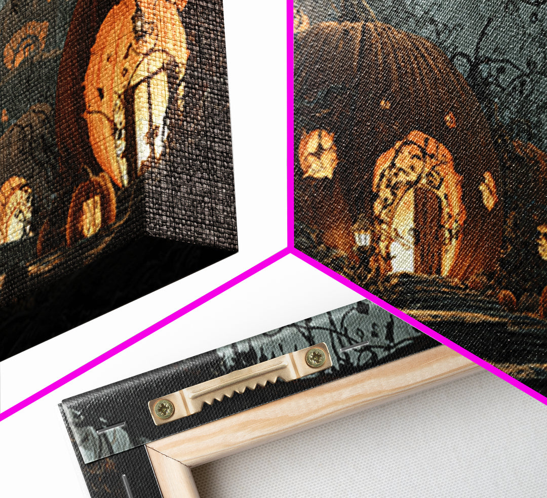 The Pumpkin-House Neighborhood, Macabre Folk Print Art, Wide Panoramic Art, Macabre Wall Art, Framed Canvas Print