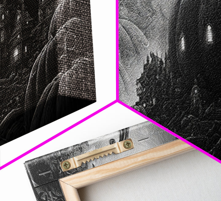 The Pumpkin-House Neighborhood, Biomechanical Horror Art, Wide Panoramic Art, Dark Halloween Decor, Framed Canvas Print, Halloween Wall Art