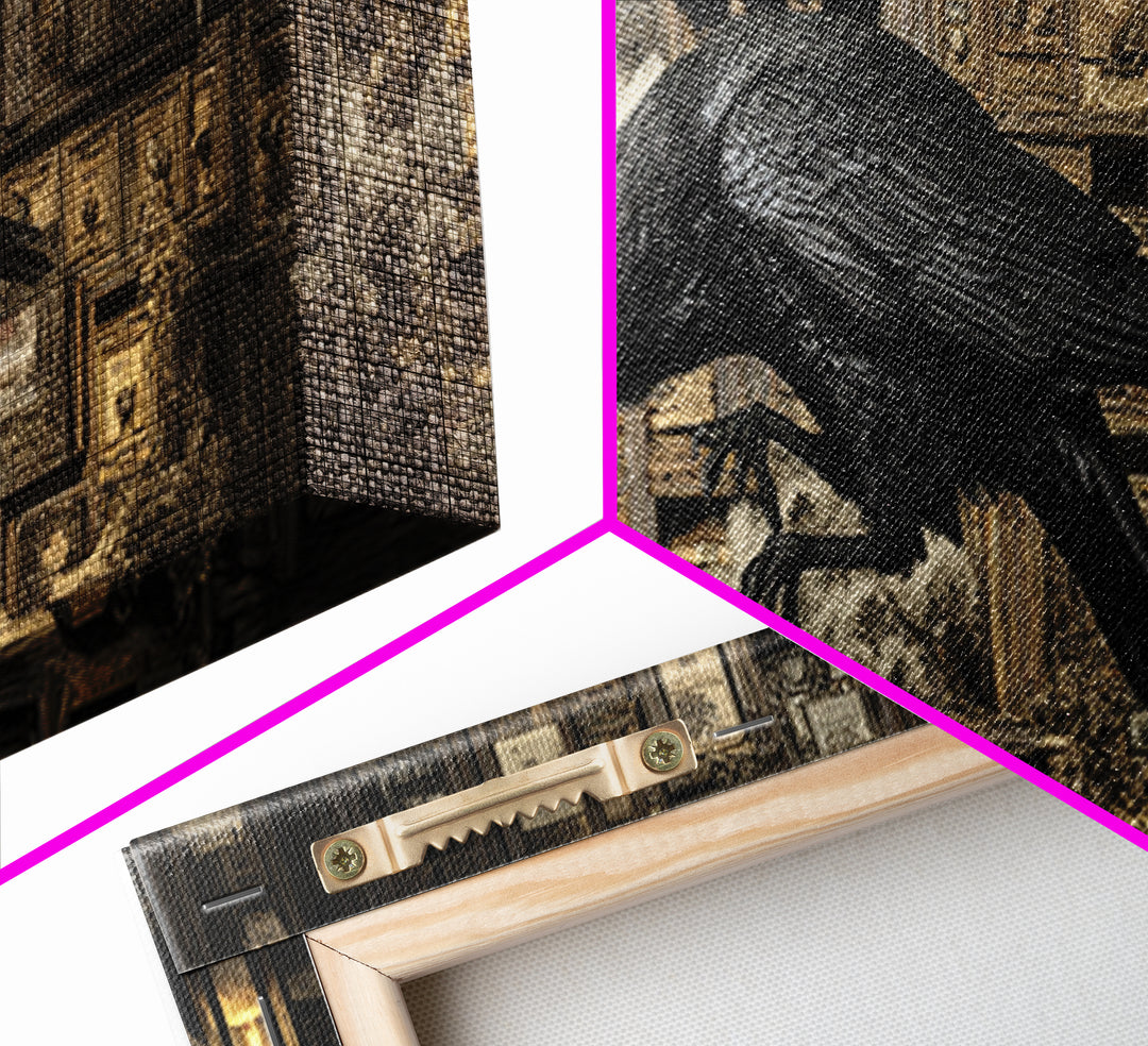 The Raven Post Office, Medieval Grotesque Art, Extra Wide Wall Art, Dark Halloween Decor, Framed Canvas Print, Halloween Wall Art
