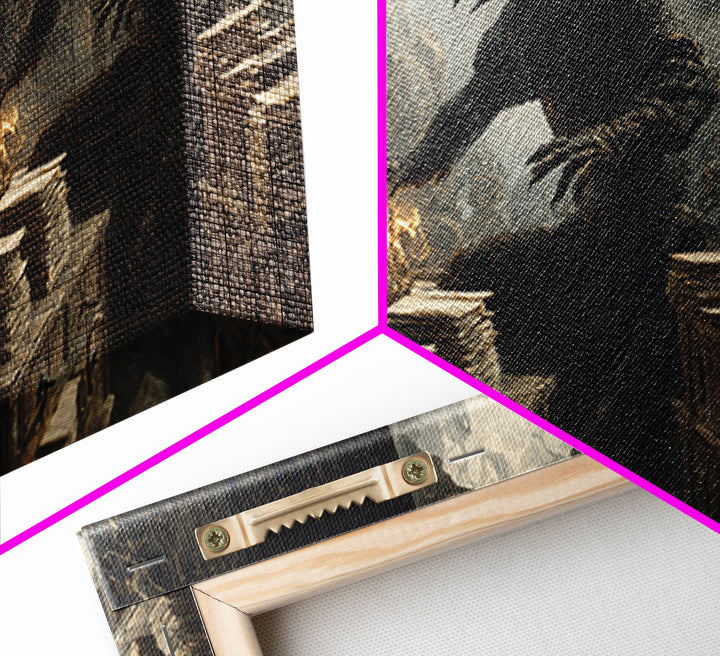 The Raven Post Office, Baroque Witchcraft Art, Wide Panoramic Art, Macabre Wall Art, Framed Canvas Print, Halloween Wall Art