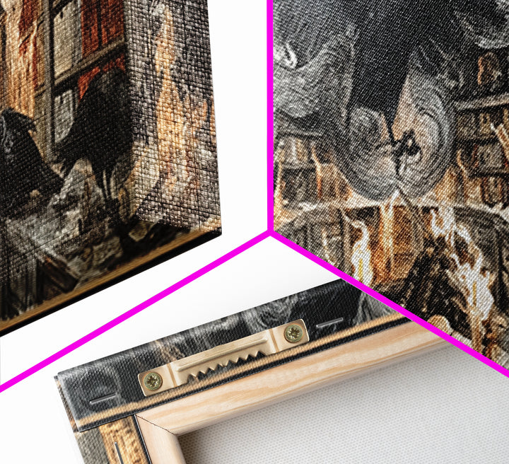 The Raven Post Office, Visionary Gothic Art, Extra Wide Wall Art, Macabre Wall Art, Framed Canvas Print, Halloween Wall Art