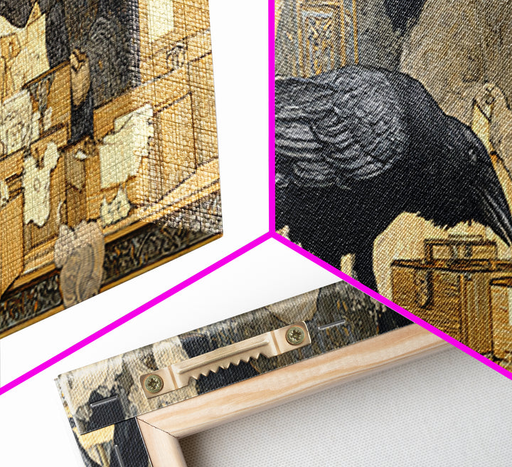 The Raven Post Office, Symbolist Death Art, Extra Wide Wall Art, Dark Halloween Decor, Framed Canvas Print, Halloween Wall Art