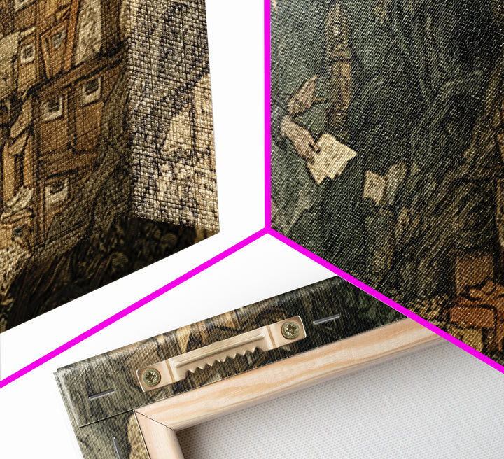 The Raven Post Office, Gothic Storybook Art, Wide Panoramic Art, Macabre Wall Art, Framed Canvas Print, Halloween Wall Art